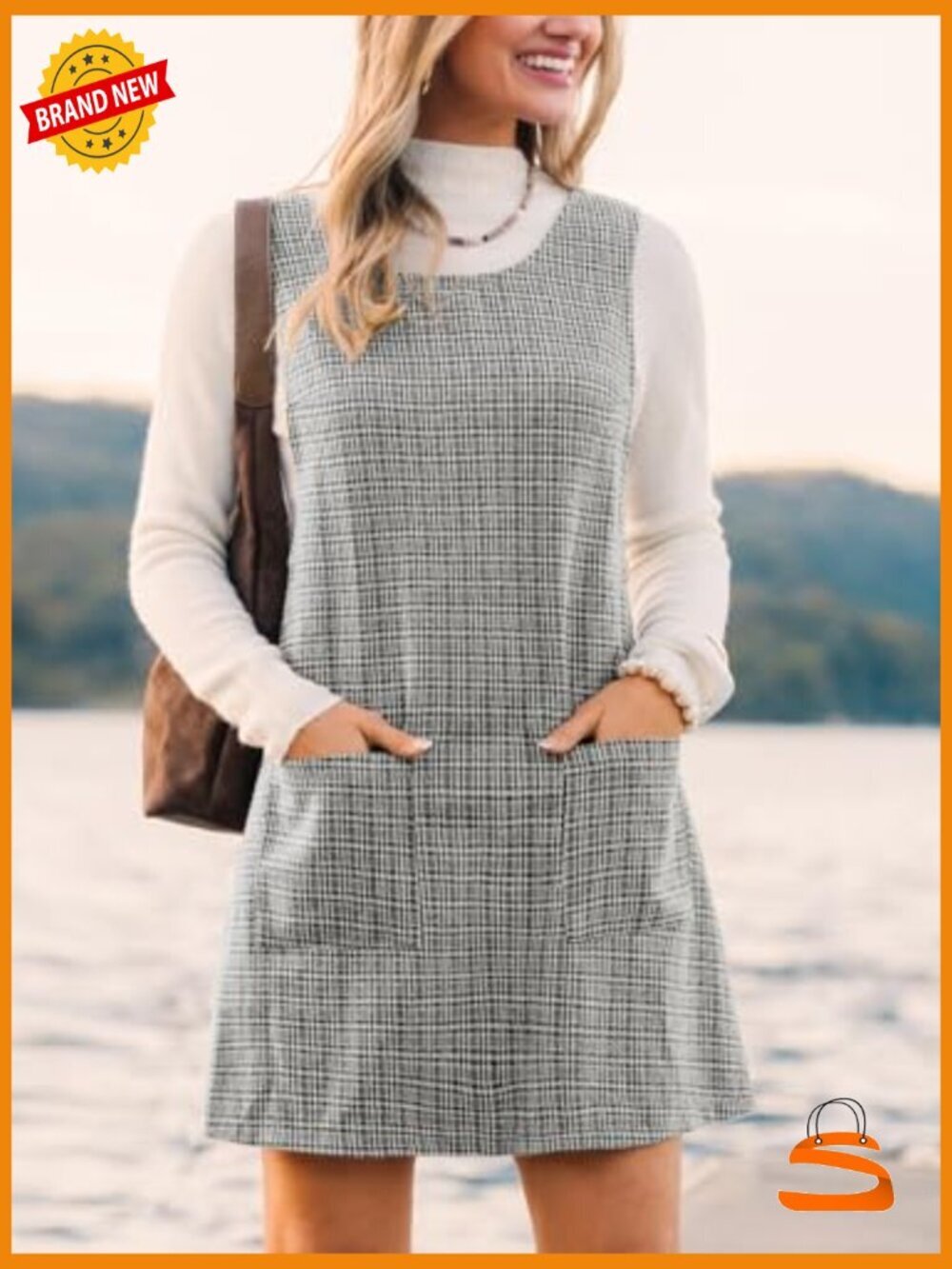 Houndstooth Pinafore Mini Dress Sleeveless Pockets Casual Overall - Picture 3 of 5